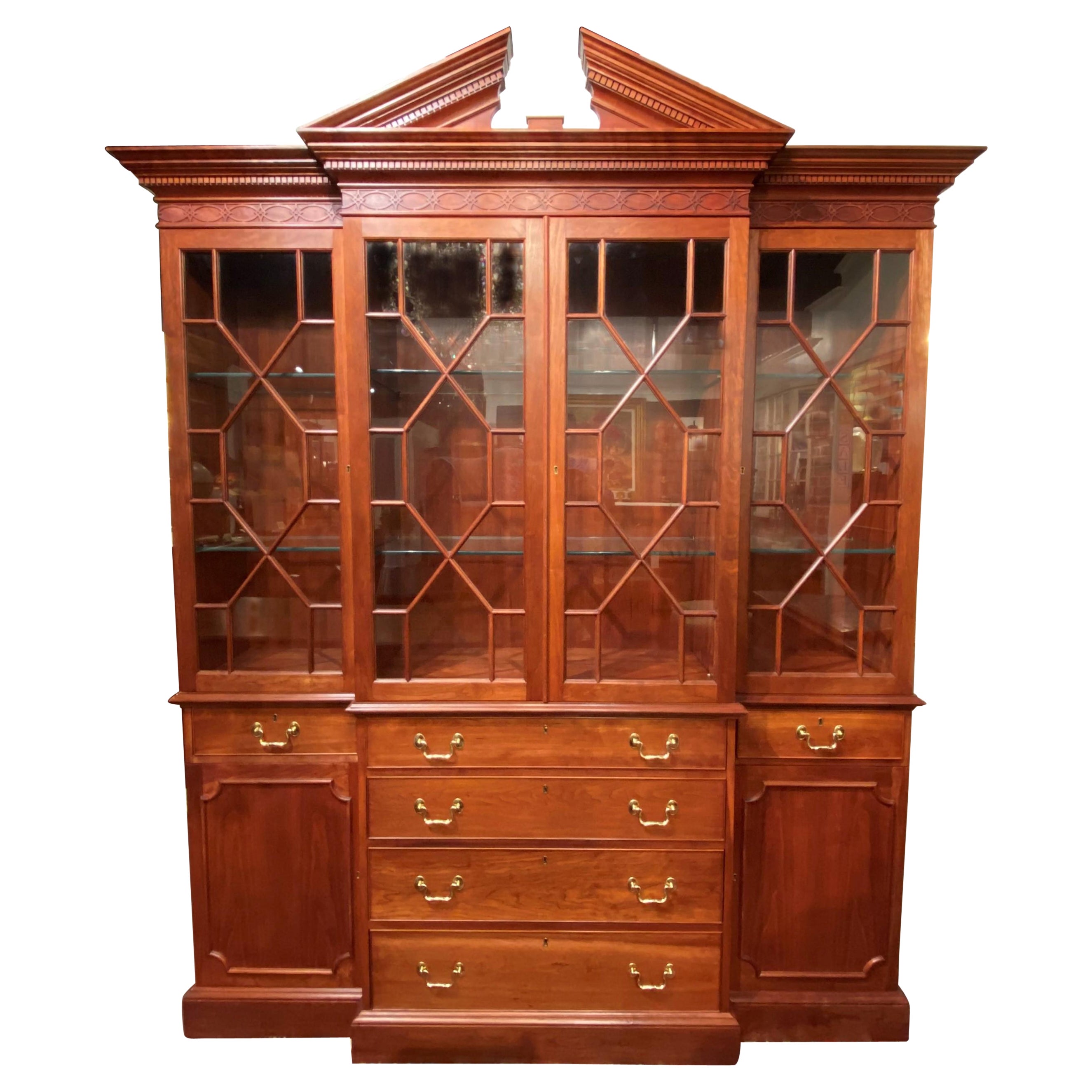 Fine Chippendale Style Cherry Two Piece Breakfront China Cabinet or Bookcase