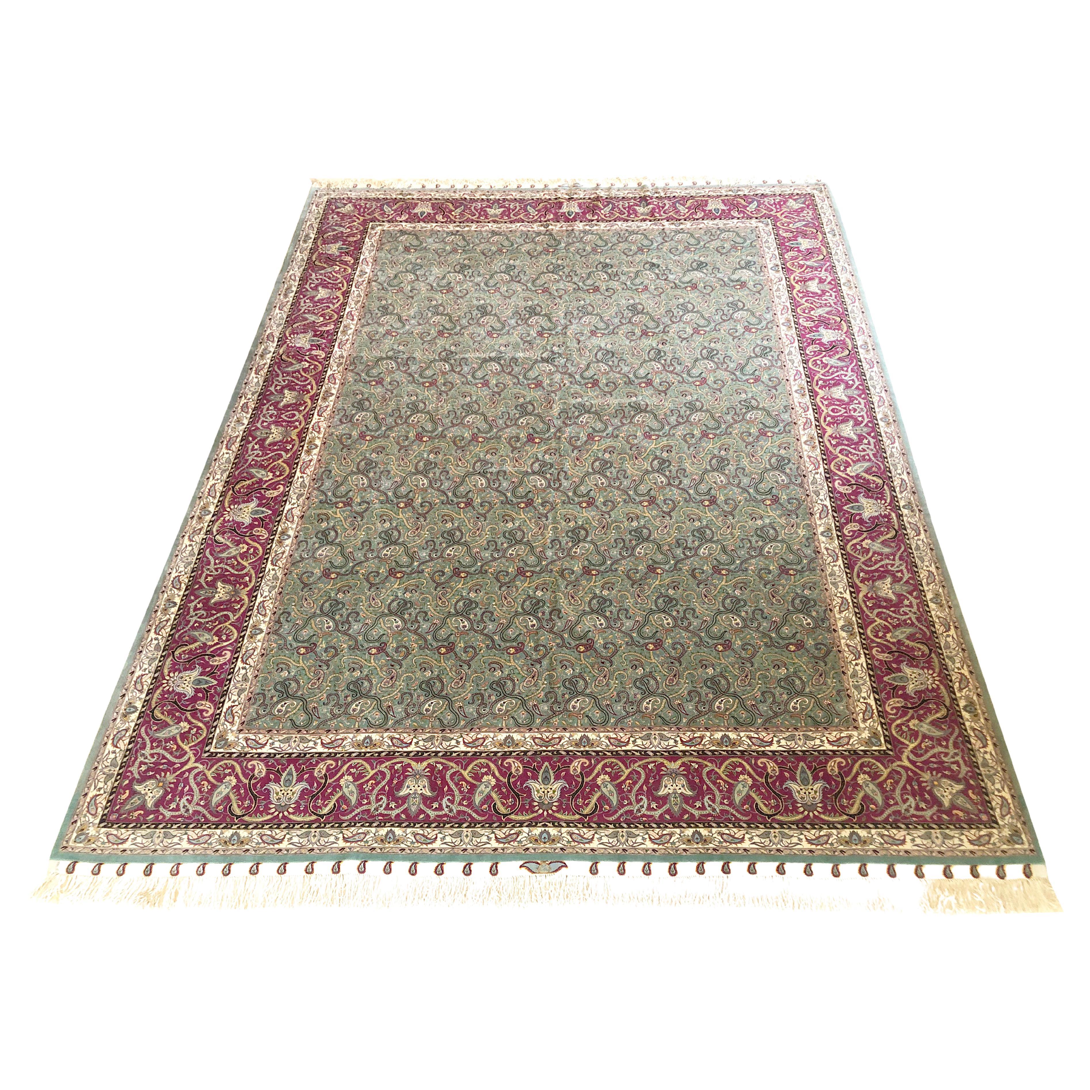 Persischer handgeknüpfter Allover-Teppich aus grüner Wolle und Seide aus Täbris, 1980 um