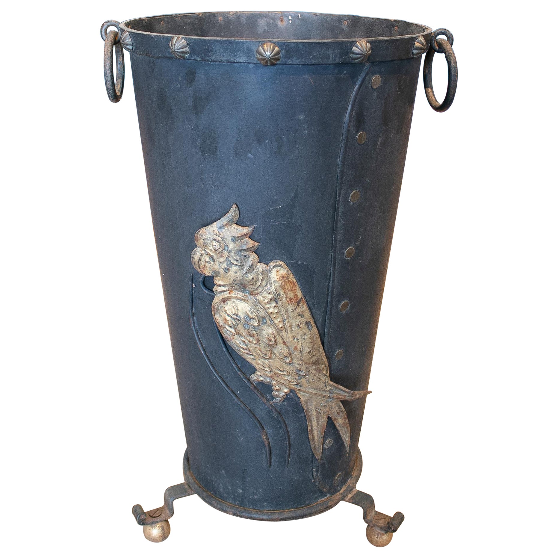 1970s French Iron Umbrella Stand w/ Bass-Relief Parrot Decoration For Sale  at 1stDibs