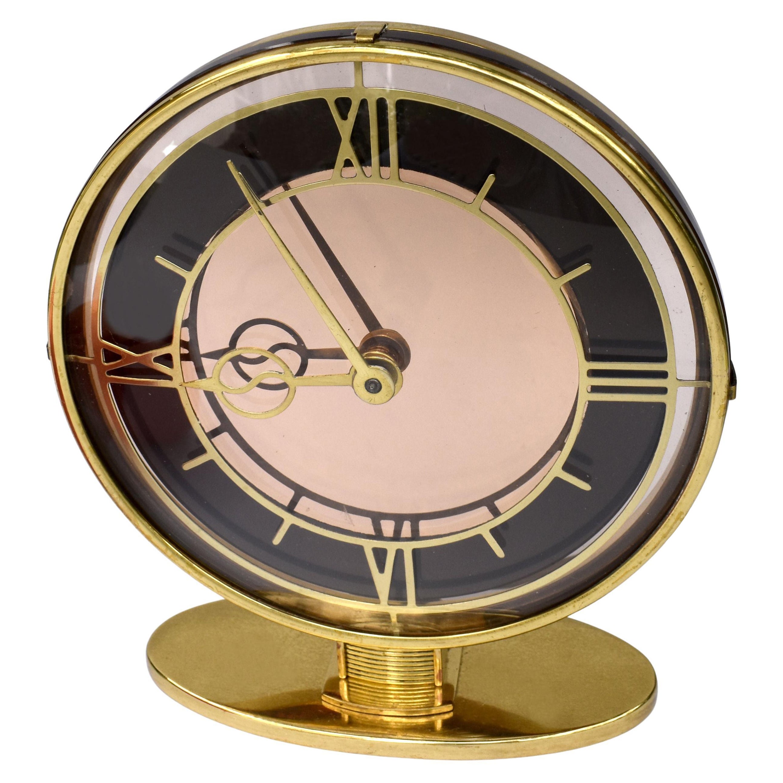 Art Deco Brass & Mirrored Electric Clock, England, c1930