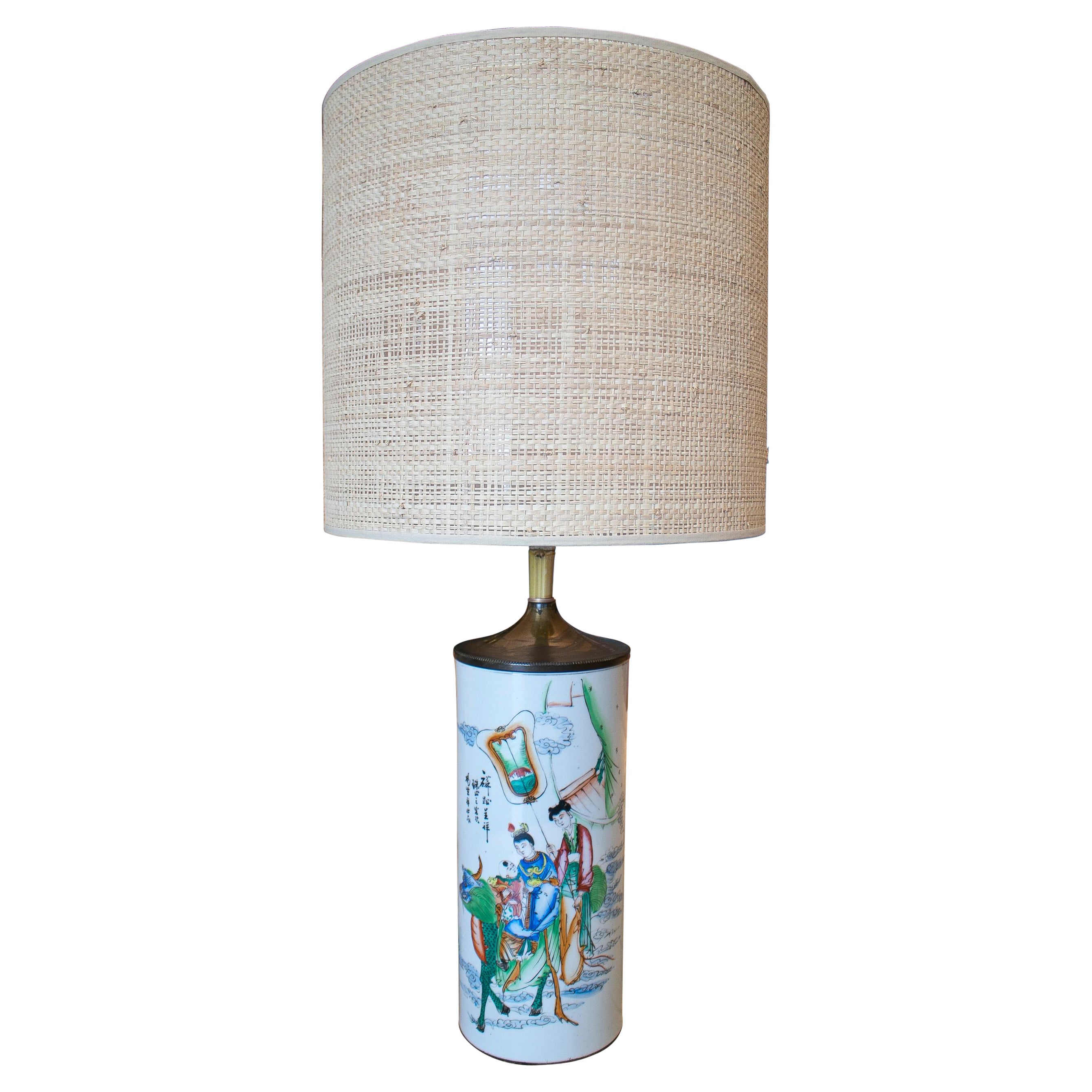 1930s Chinese Porcelain Table Lamp w/ People Scenes For Sale