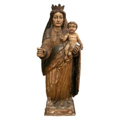 17th Century Spanish Castilian School Painted Virgin w/ Child Wooden Sculpture 