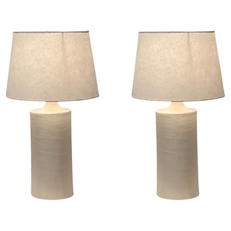 Pair of Satin White 'Rouleau' Ceramic Table Lamps by Design Frères For Sale