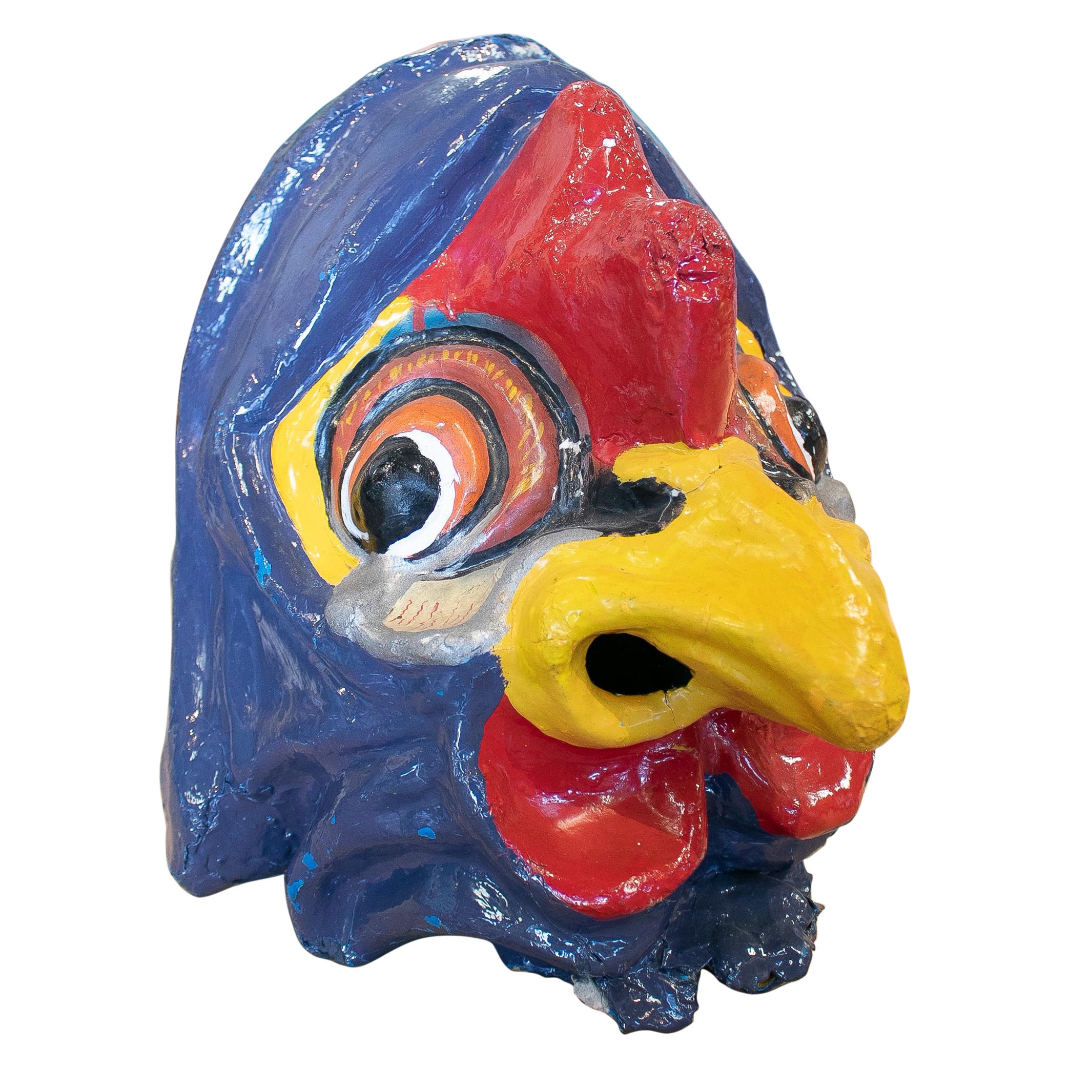 1950s Spanish Hand Painted Cock Head Papier-Mâché Festival Mask For Sale