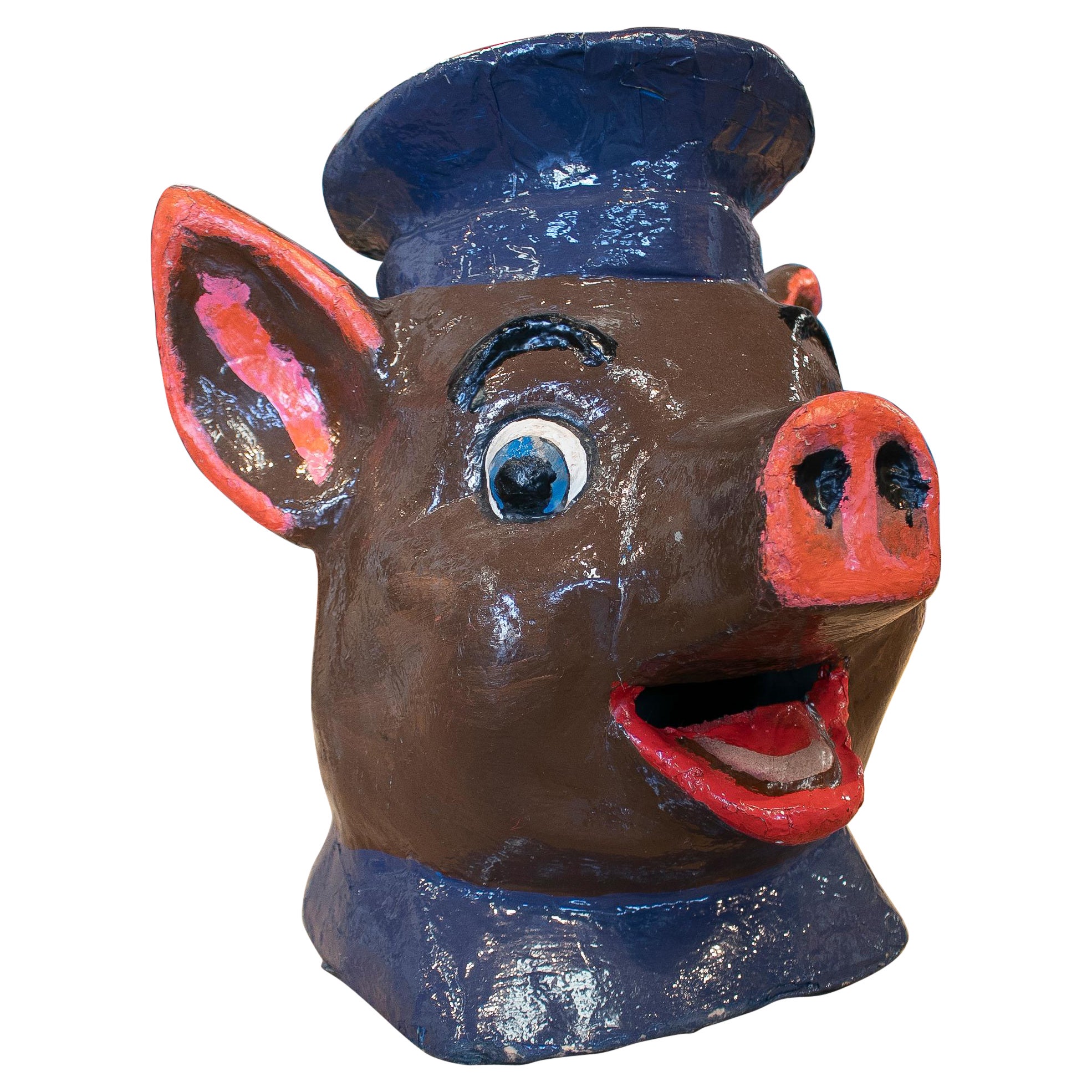 1950s Spanish Pig Head Hand Painted Papier-mâché Festival Mask