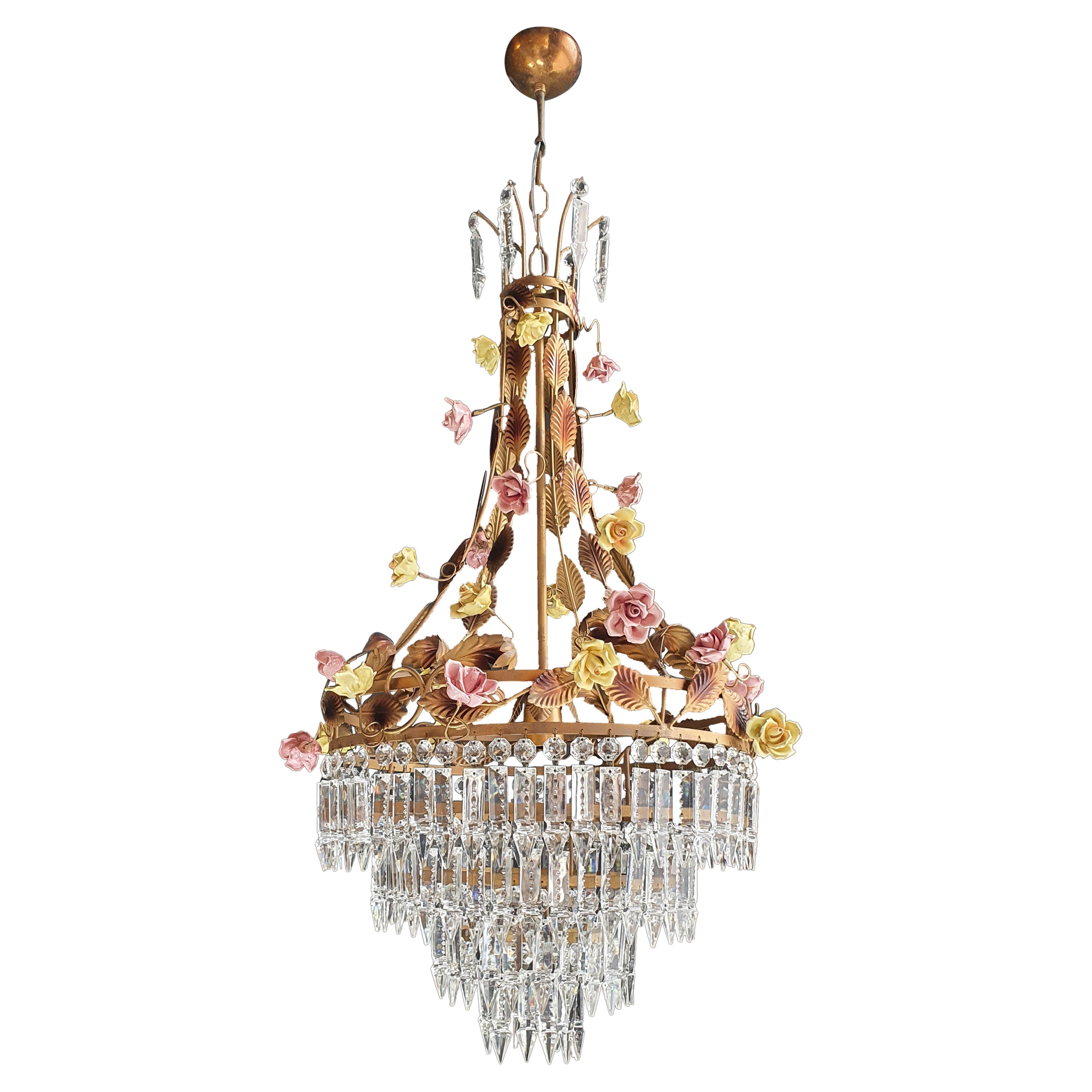 Porcelain Rose Crystal Antique Basket Gold Chandelier Art Nouveau For Sale