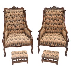 Pair Victorian Salon Chairs Arm Club Chair Stools