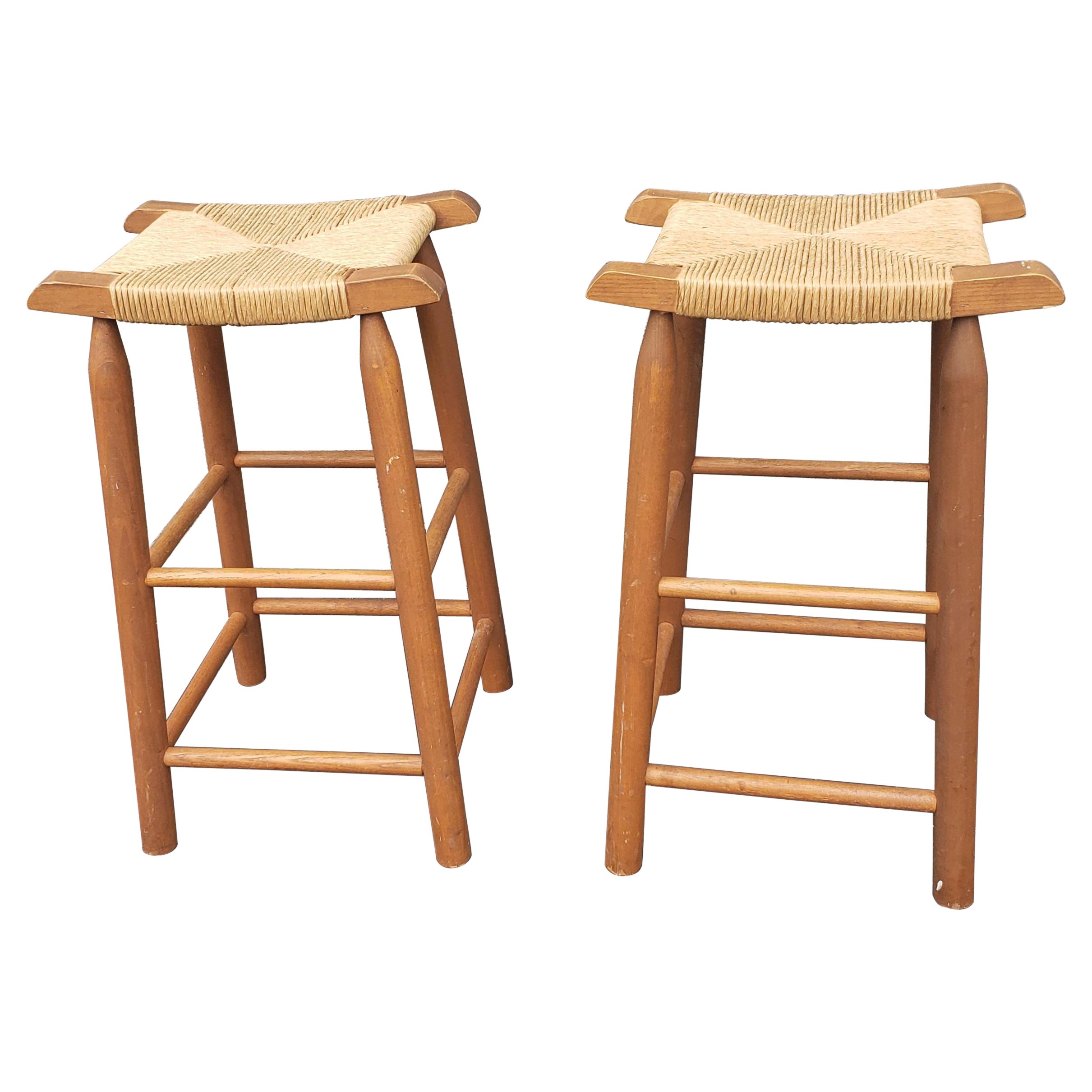 1950s Solid Maple and Rush Seat Counter Stools Bar Stools, a Pair