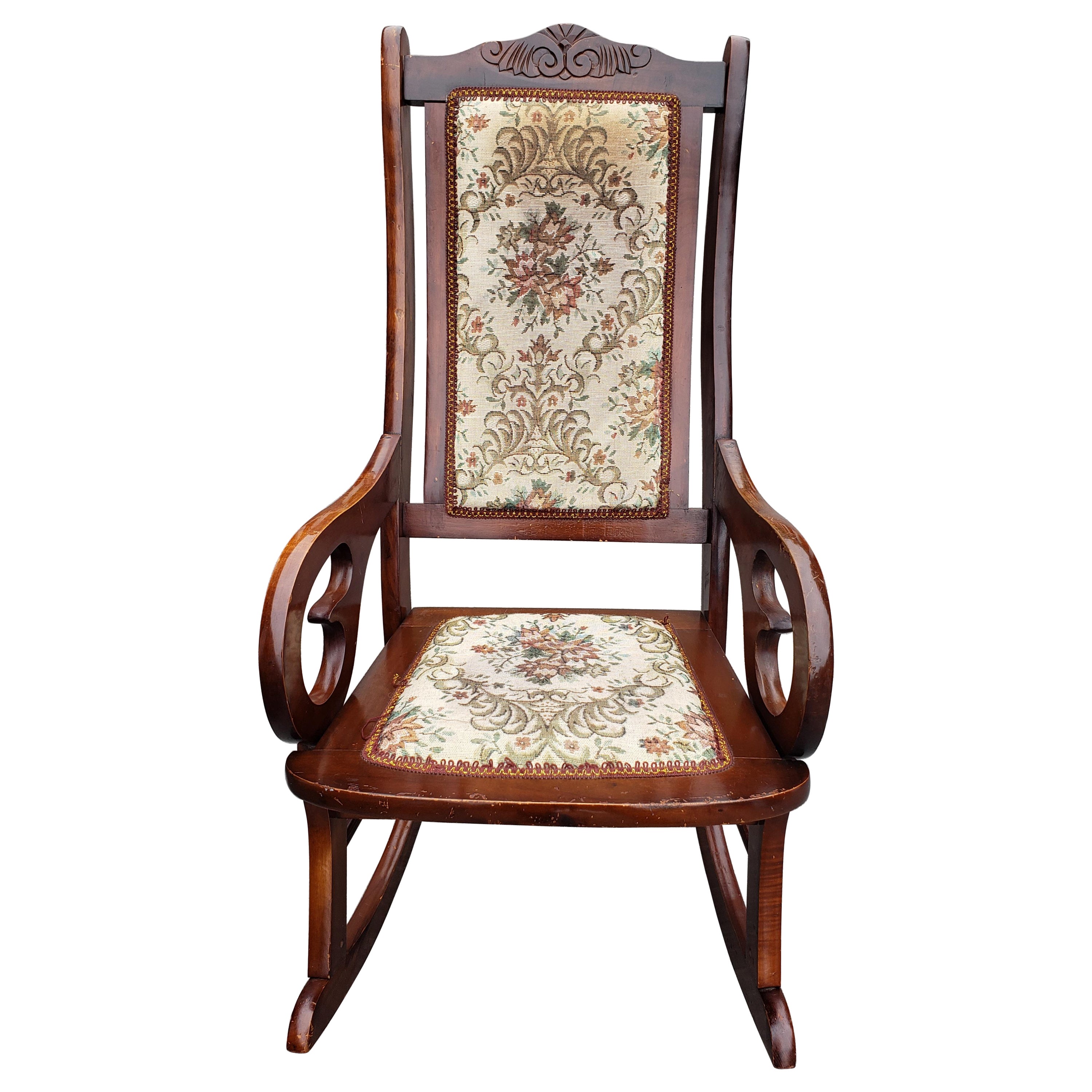 1910s Antique Biedermeier Rocking Chair in Mahogany and Needle Point Upholstery