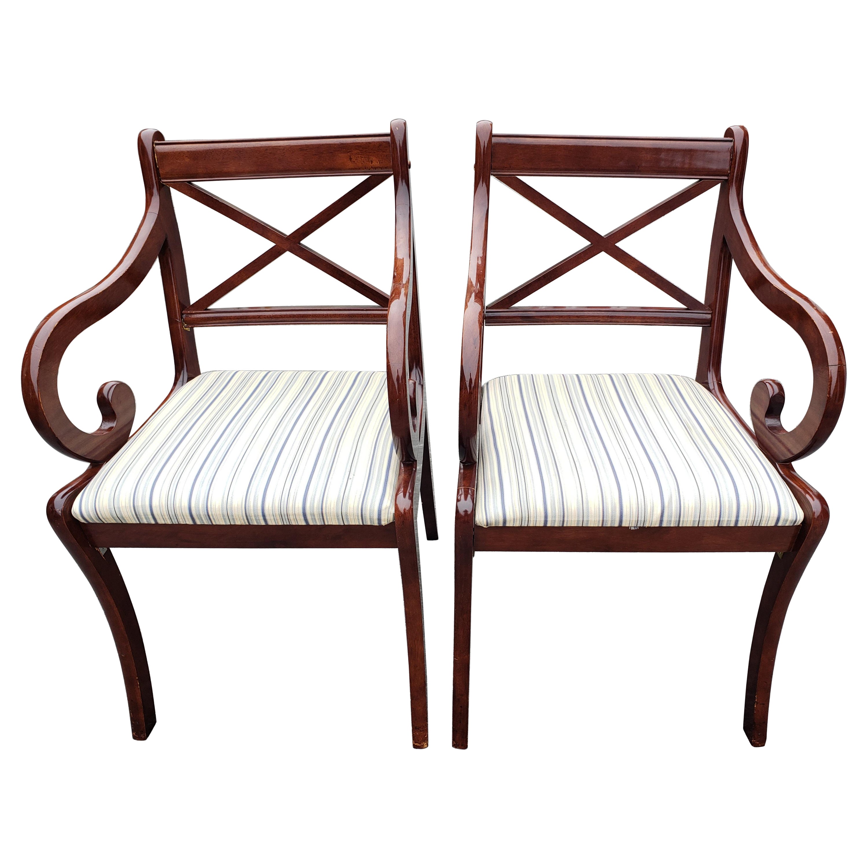 1980s Vintage Regency Mahogany Upholstered Arm Chairs, a Pair For Sale