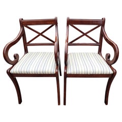 1980s Retro Regency Mahogany Upholstered Arm Chairs, a Pair