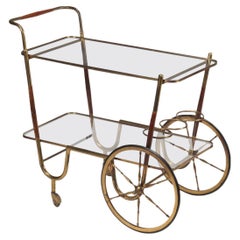 Service Trolley Wood Brass Glass Italy 1950s