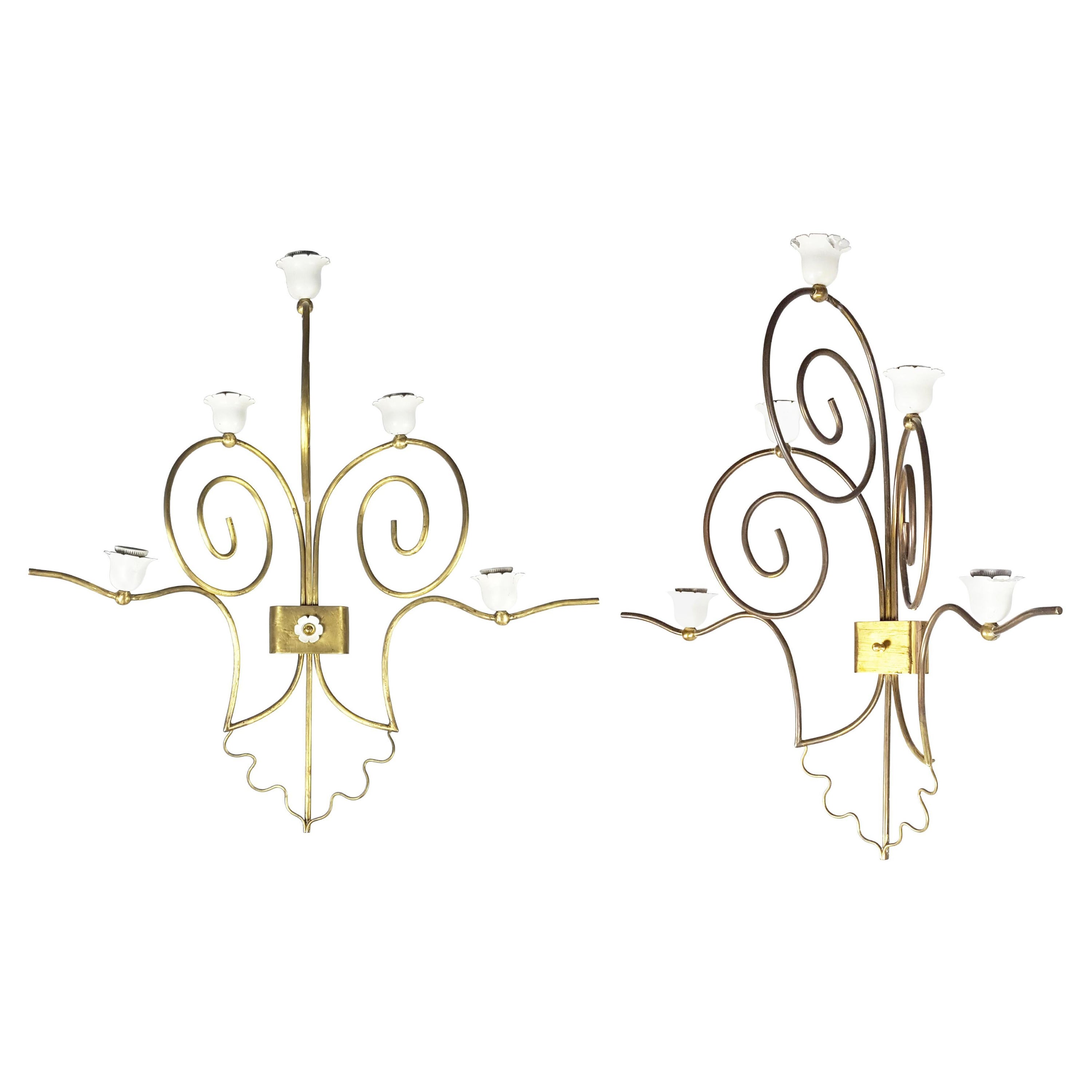 Pair of Italian White Metal & Brass 5-Lights Midcentury Sconces For Sale