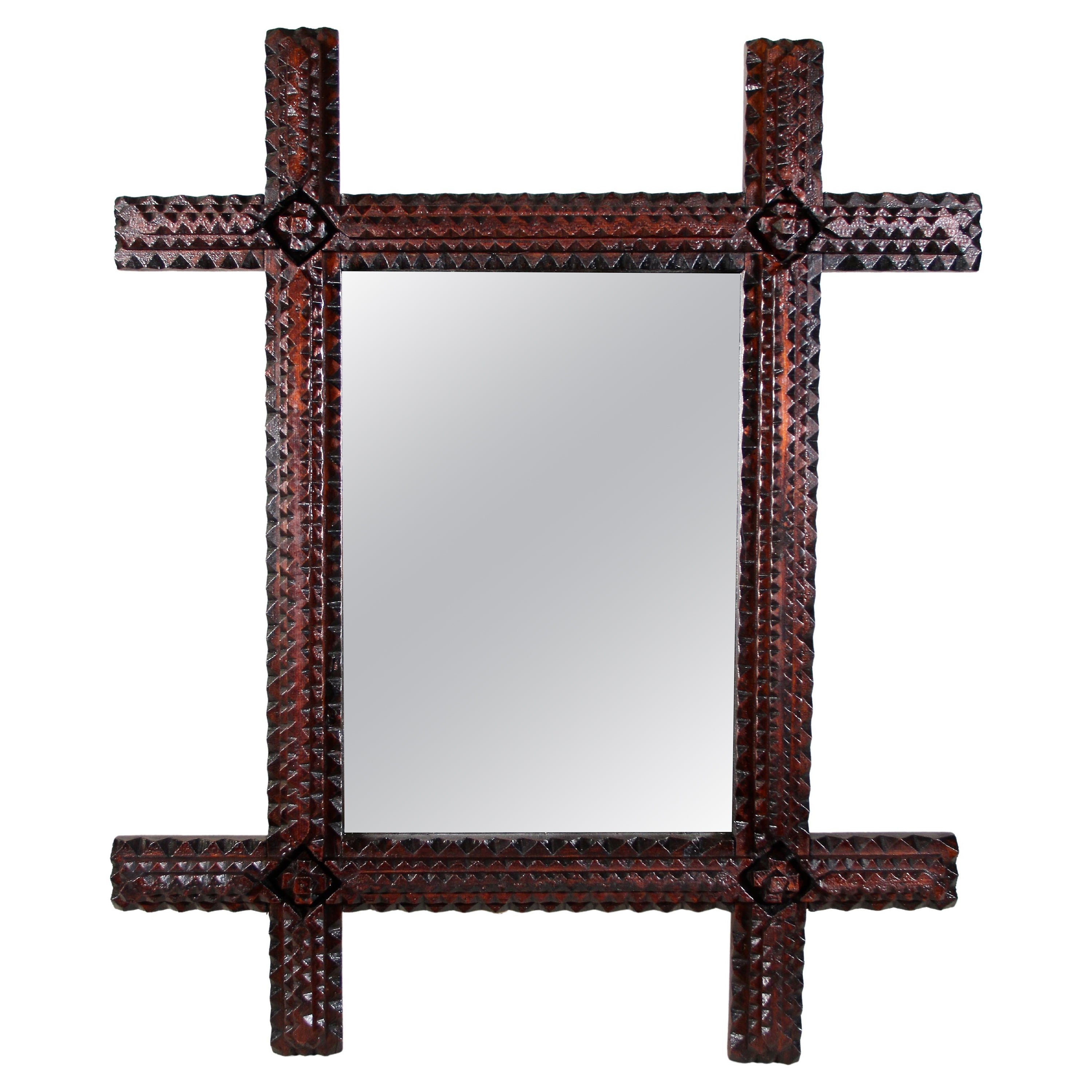 Tramp Art Rustic Wall Mirror Hand Carved, Austria, circa 1870 For Sale