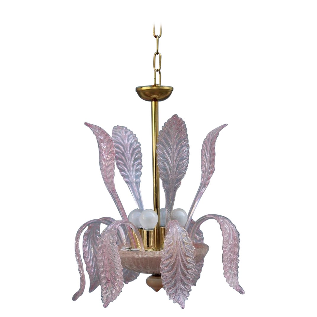Round Italian Murano Chandelier Pink Gold Color 1970s Leaves Flowers