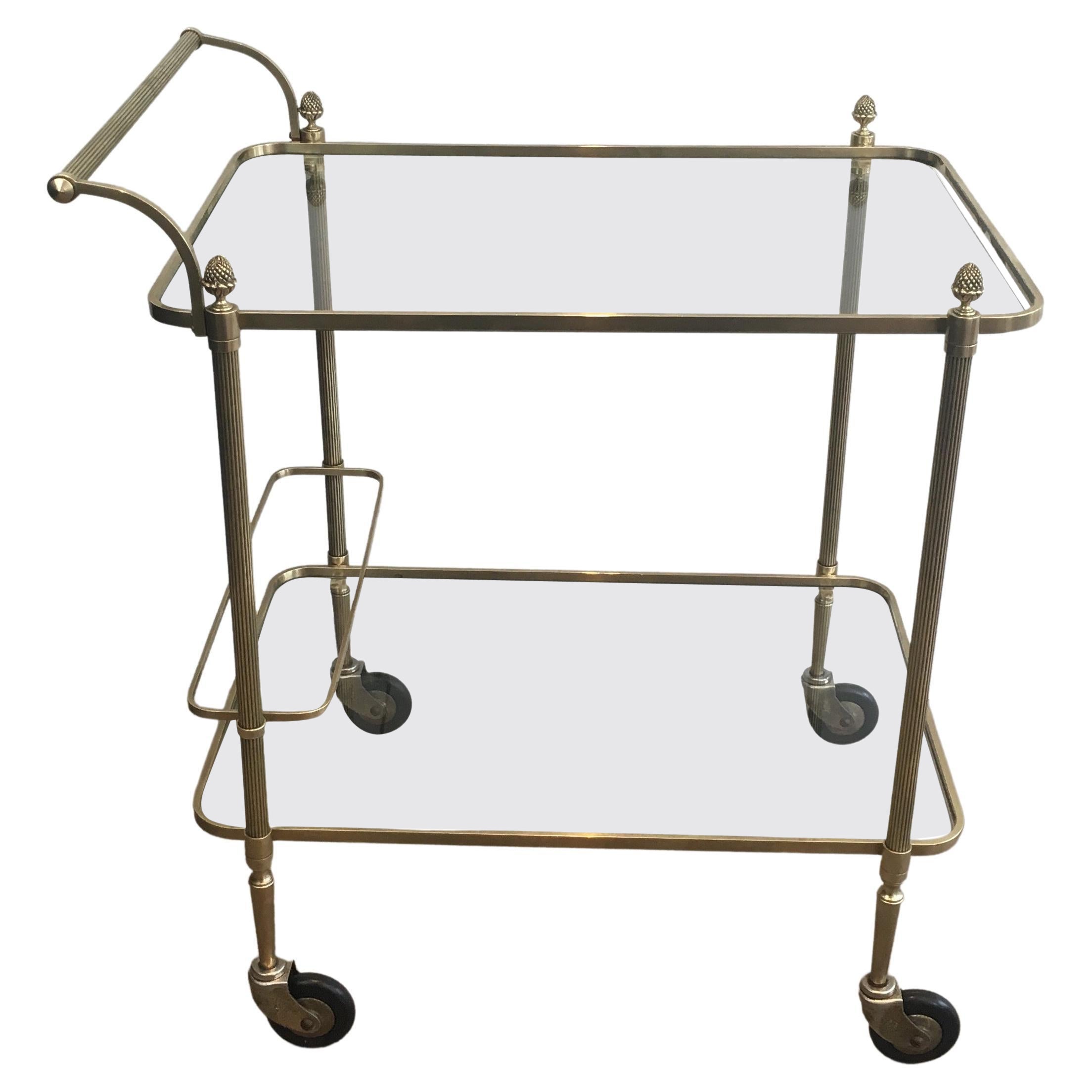 Maison Bagués, Neoclassical Brass Bar Cart with 2 Clear Glass Shelves