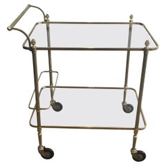 Retro Maison Bagués, Neoclassical Brass Bar Cart with 2 Clear Glass Shelves