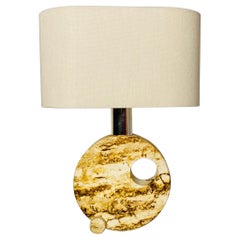 Vintage Italian Mid-Century Modern Travertine Table Lamp with Cotton Lampshade, 1970s