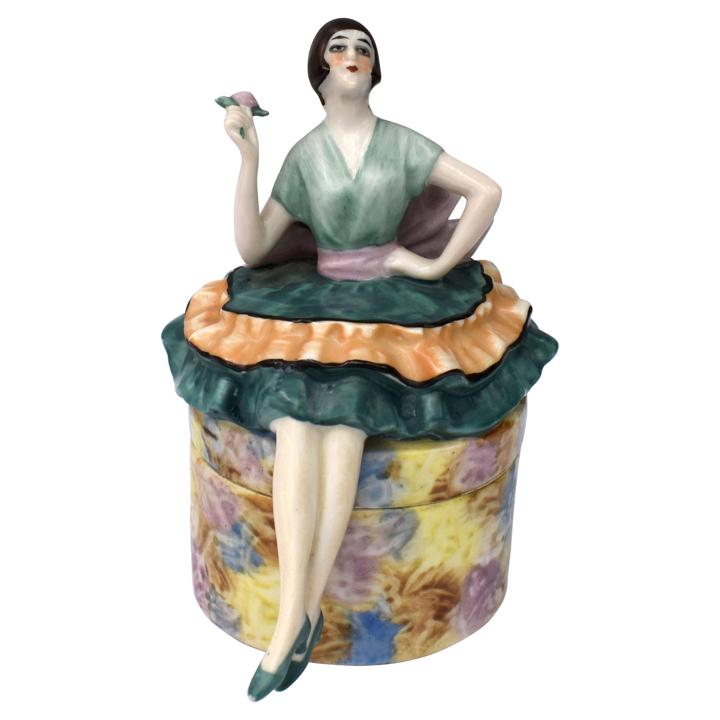 Art Deco Flapper Girl Powder Box, c1930's For Sale