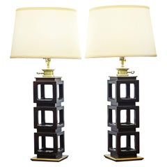 Pair of Mid Century Stacked Mahogany Cubes and Brass Lamps by Stiffel, 1950's