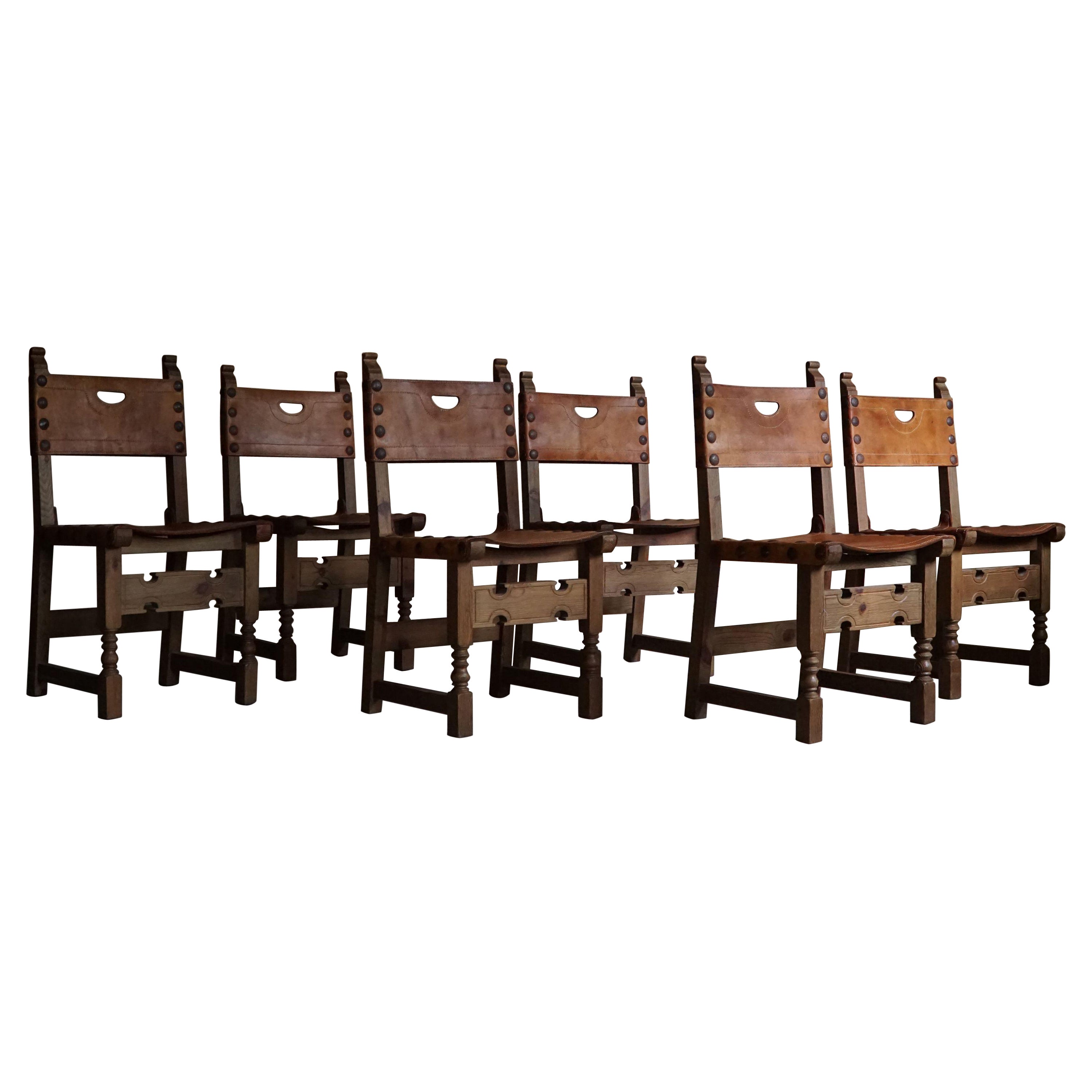 Spanish Modern Dining Chairs in Leather and Stained Pine, Set of 6, ca