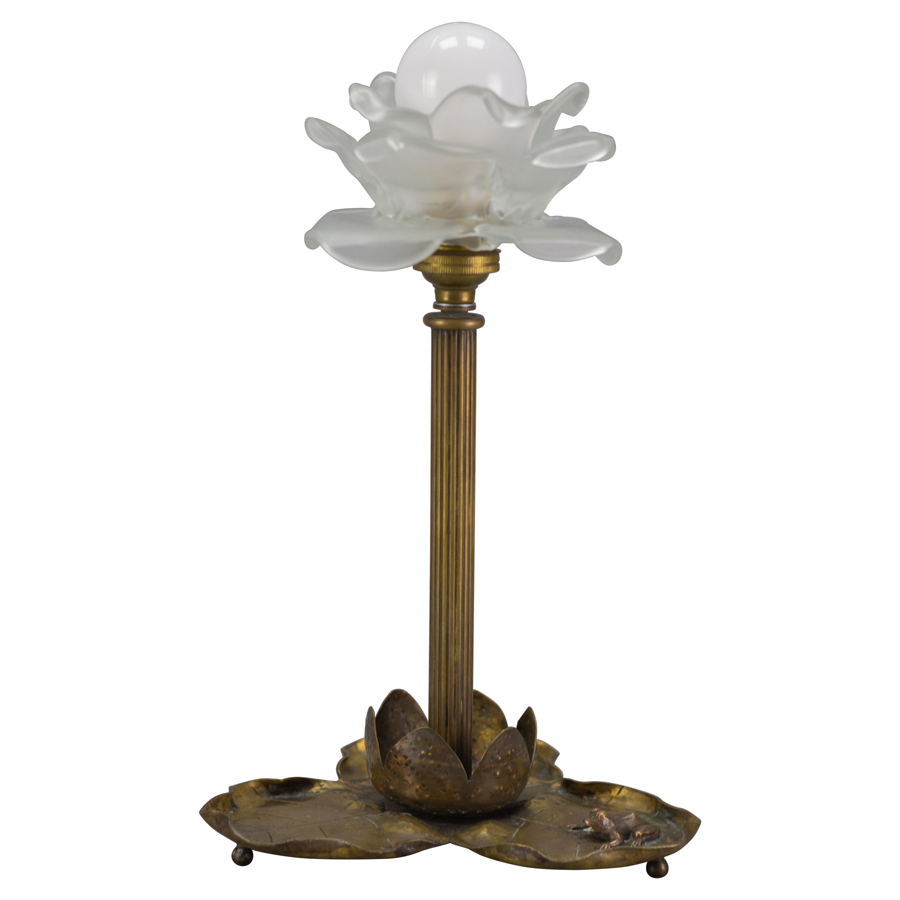 French Art Nouveau Brass Table Lamp with Frog, 1930s