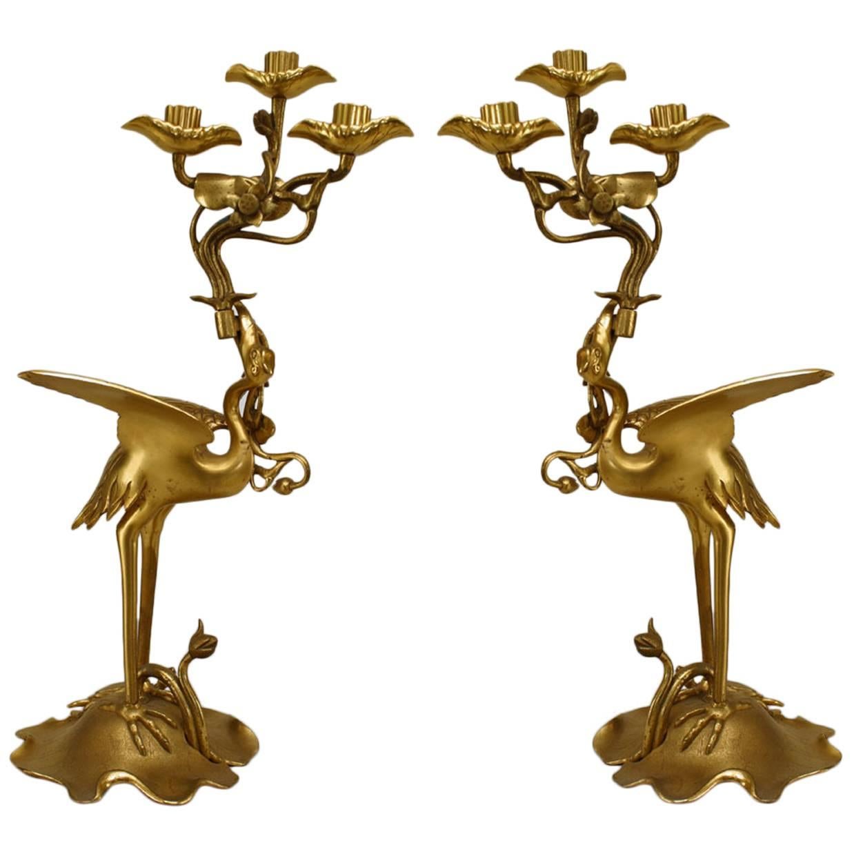 Pair of English Regency Style Bronze Dore Heron Candelabras For Sale