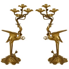 Pair of English Regency Style Bronze Dore Heron Candelabras
