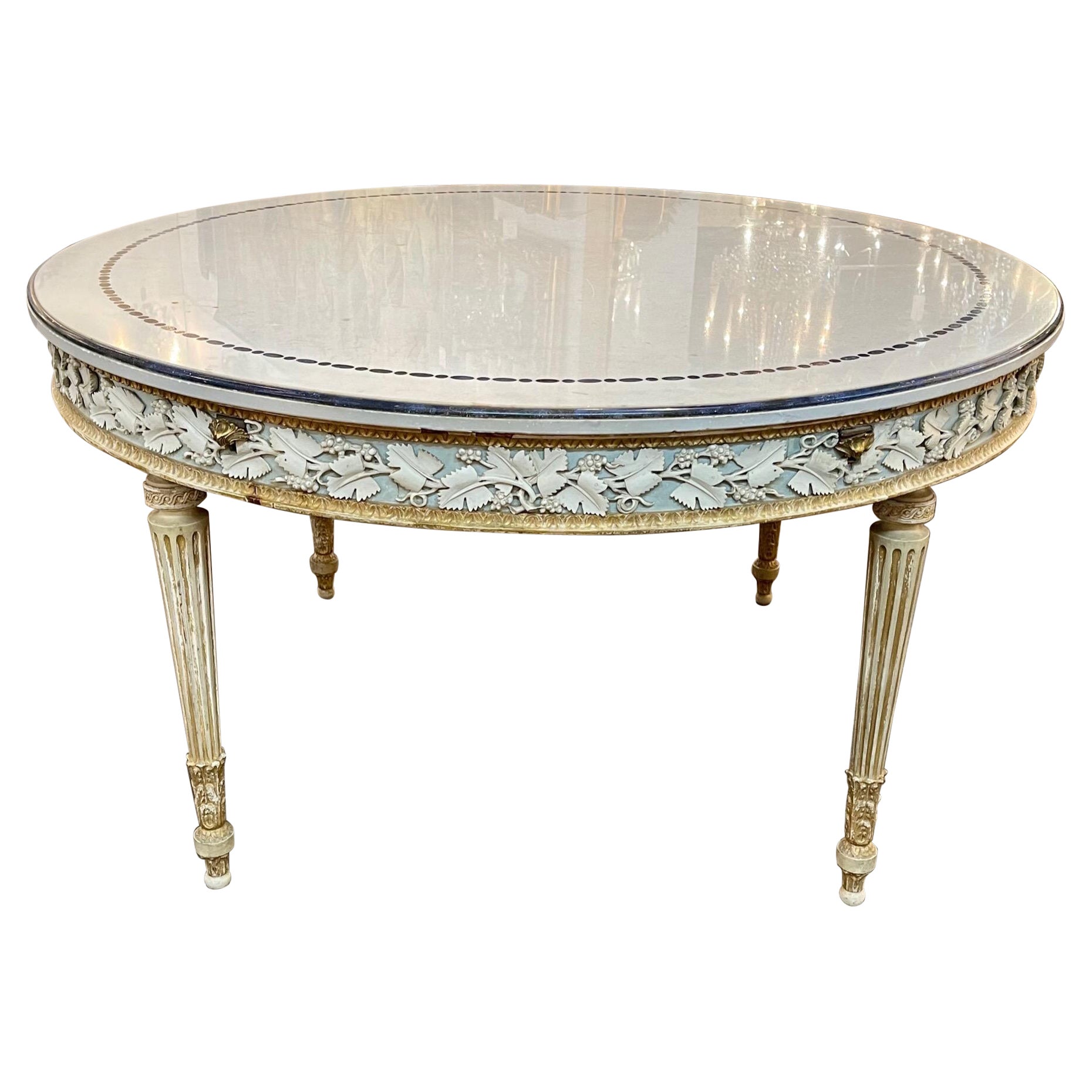 19th Century Italian Carved and Painted Center Table with Inlaid Marble Top