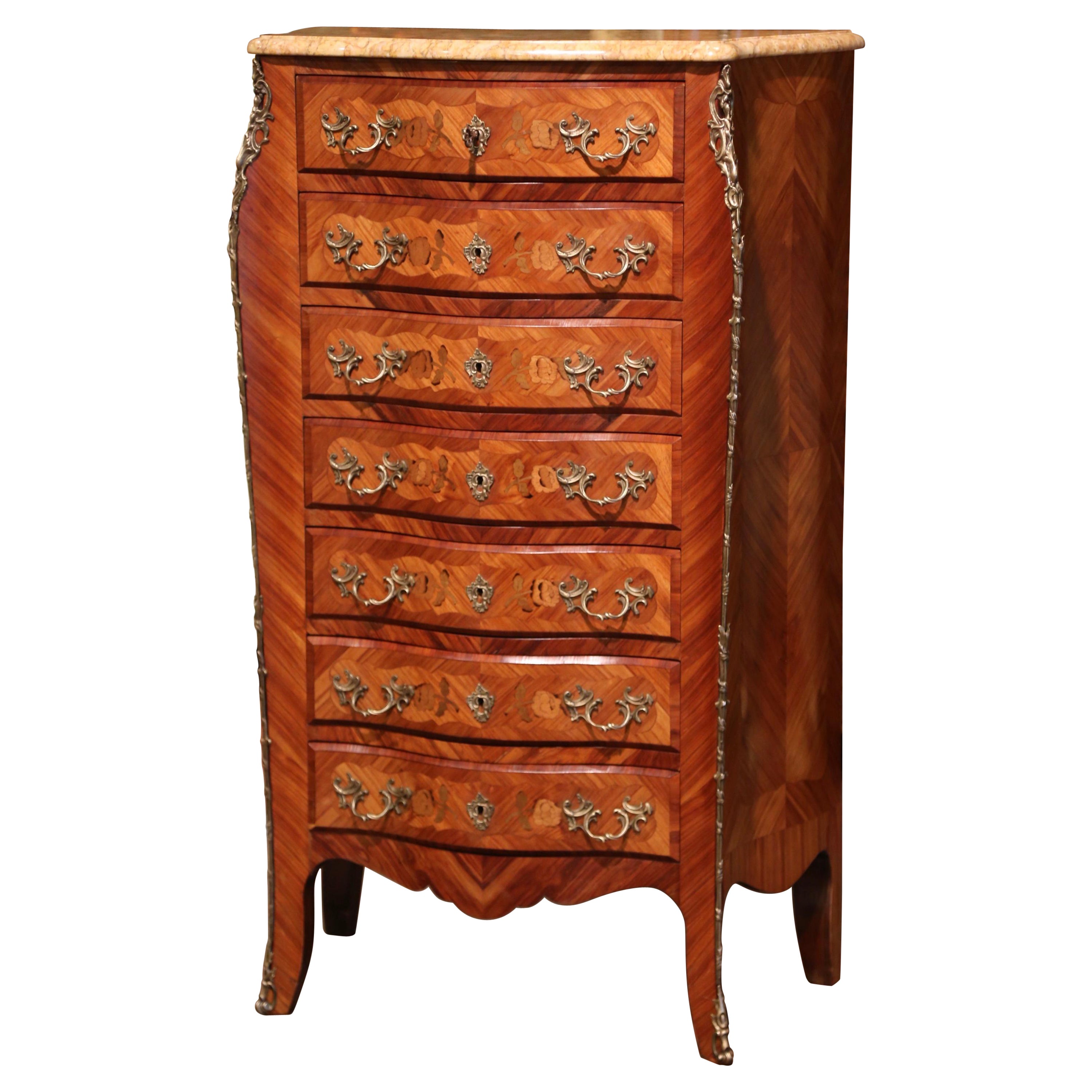Mid-Century French Louis XV Marquetry Marble Top Bombe Seven-Drawer Semainier For Sale
