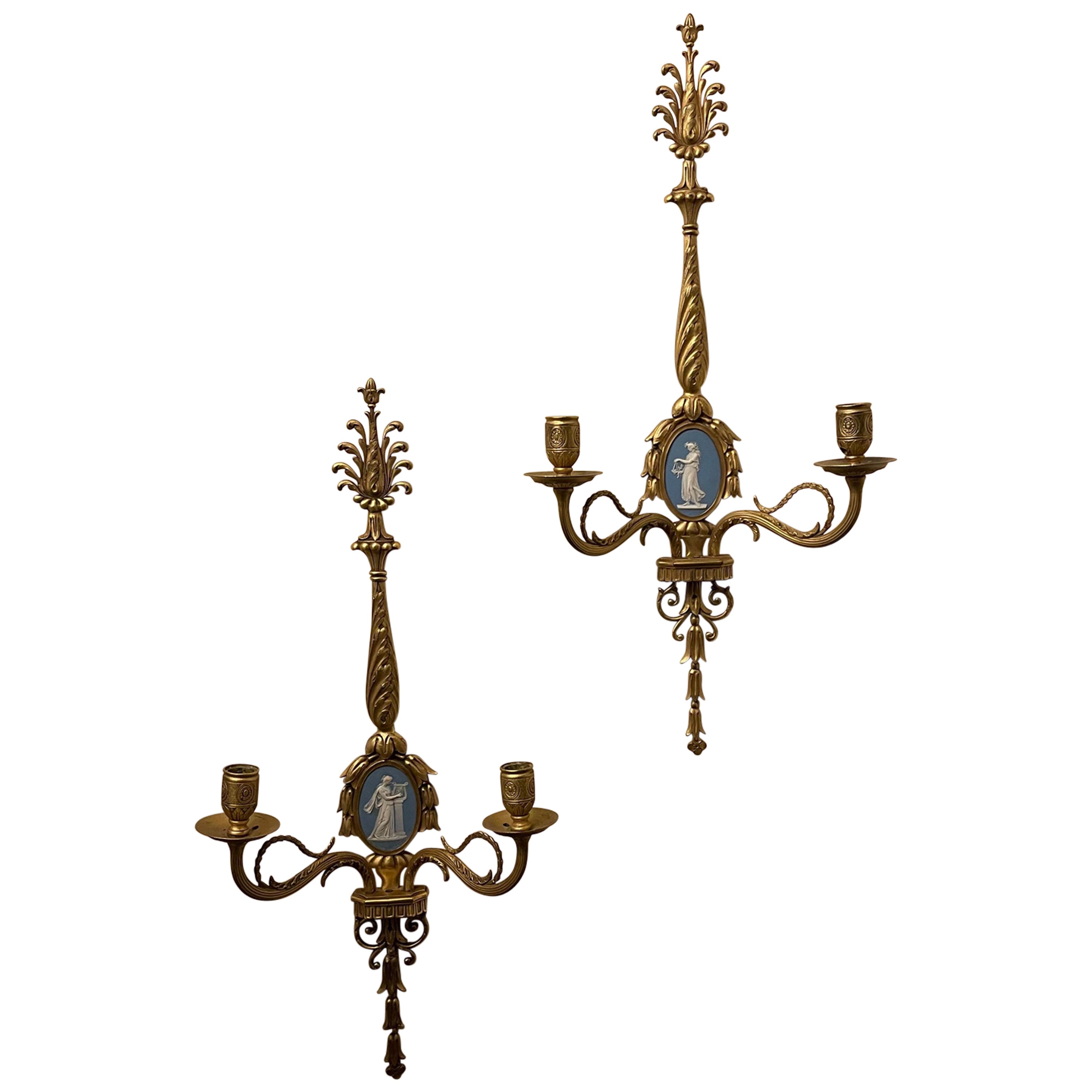 Wonderful Pair French Louis XVI Dore Bronze Wedgwood Sconces E F Caldwell For Sale