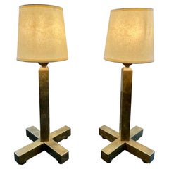 Pair of Vintage Geometrical "X" Base Patinated Brass Table Lamps