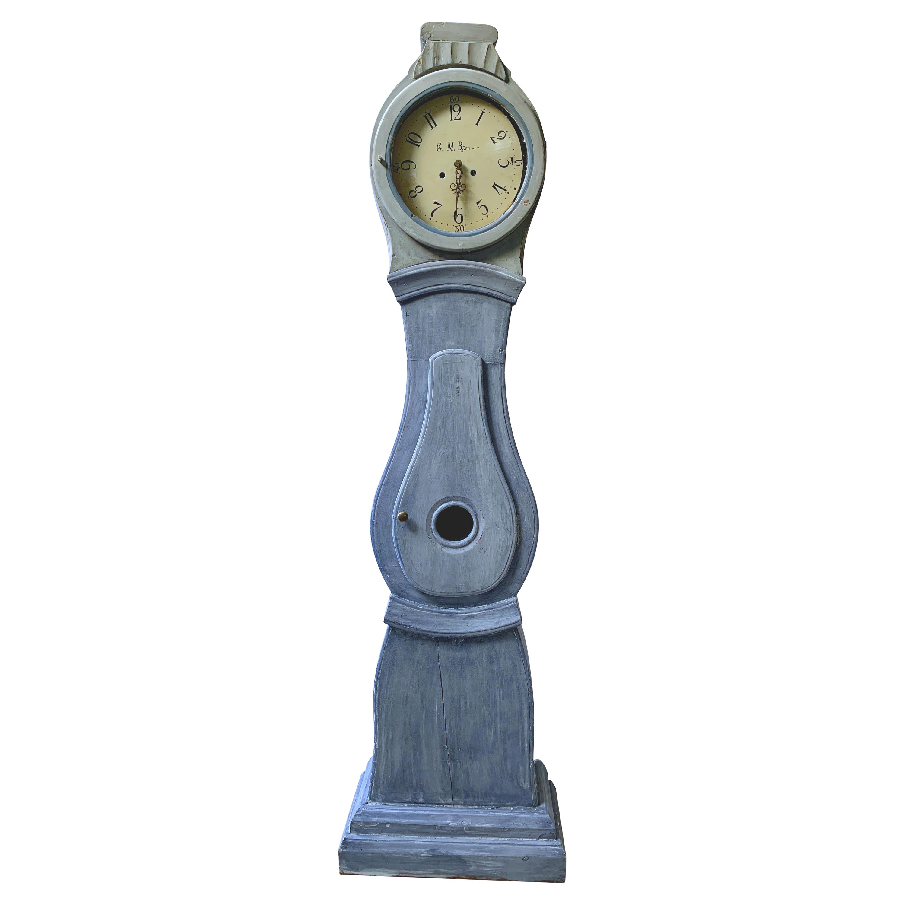 Antique Mora Clock Swedish 1800s Antique Blue C M Bjorn Gustavian  197cm 