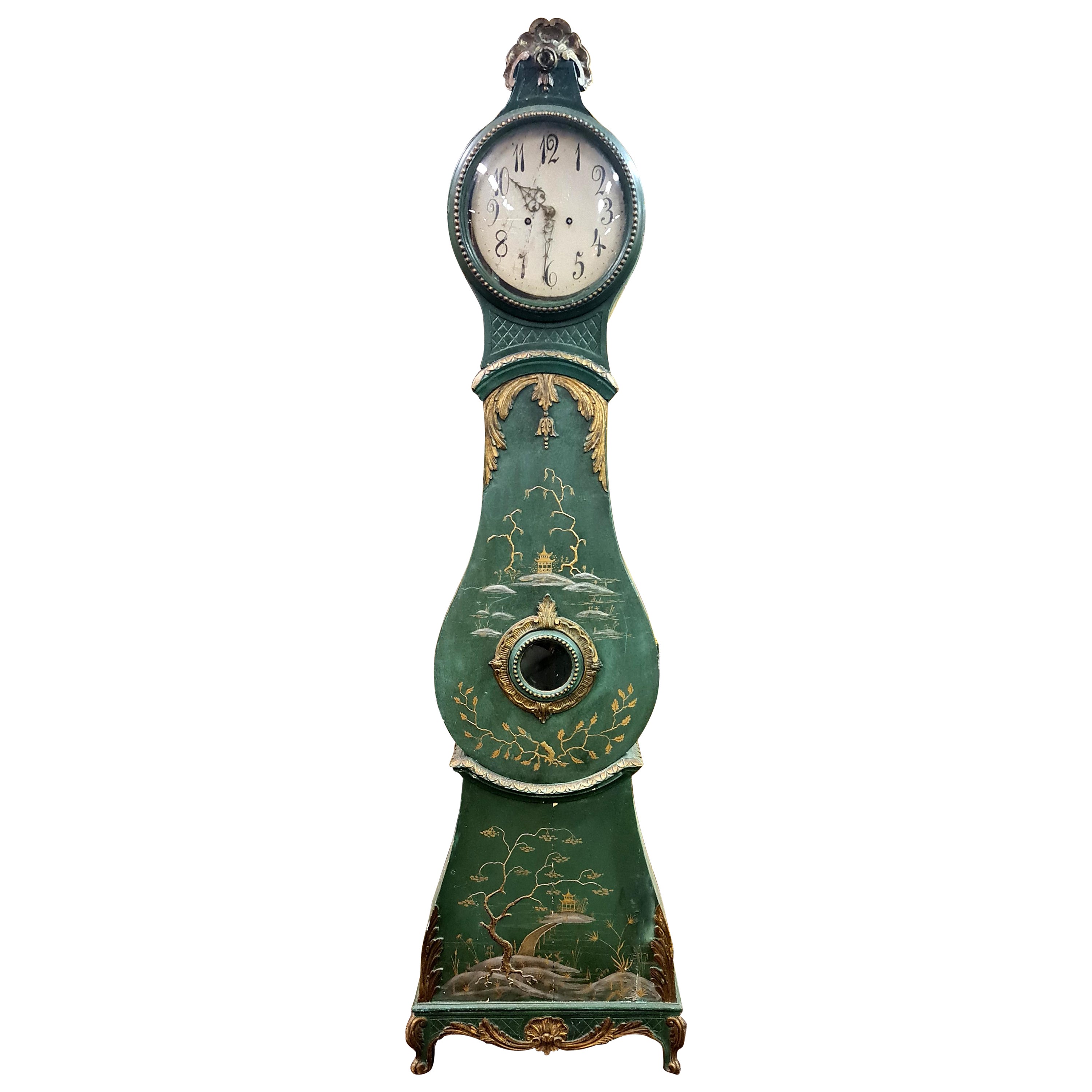 Antique Mora Clock Swedish Chinoiserie Green Gold Late 1700s Gustavian Rococo