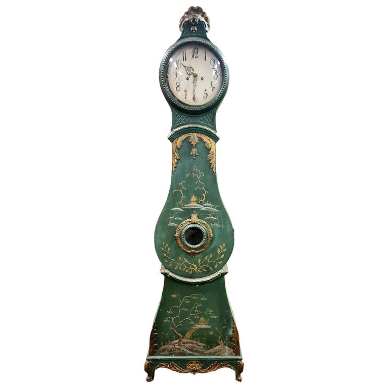 Antique Mora Clock Swedish Chinoiserie Green Gold Late 1700s Gustavian Rococo For Sale