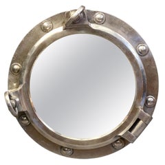 Aluminum and Teak Round Porthole Mirror