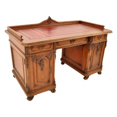 Antique 19th Century Austrian Carved Walnut Rococo Twin Pedestal Desk 1880