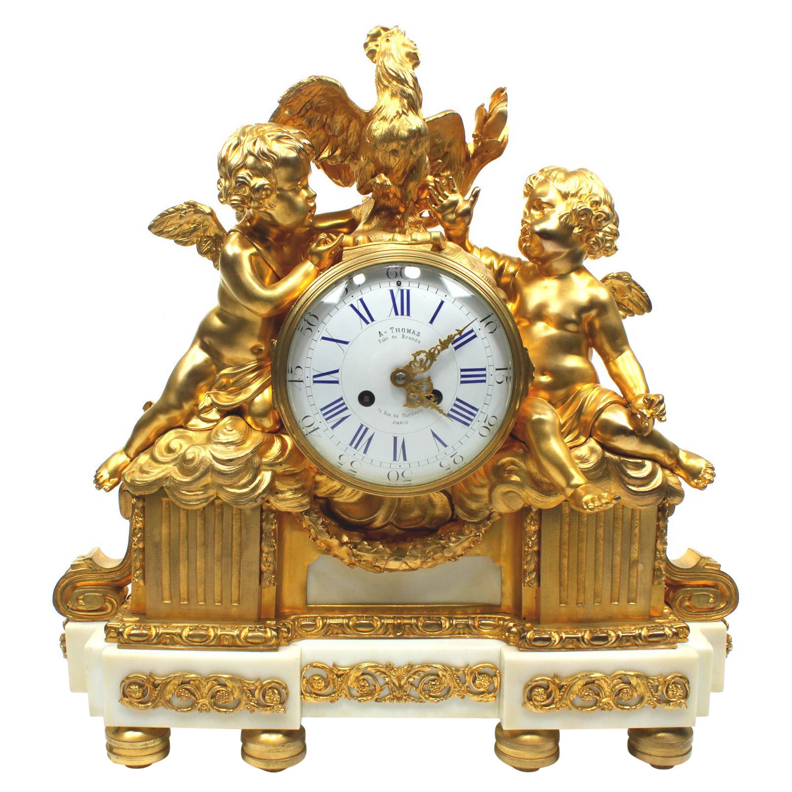 French 19th Century Louis XV Style Gilt Bronze Cherubs & Rooster Mantel Clock