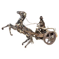 Large Vintage Brutalist Metal Folk Art Roman Chariot Horse & Rider Sculpture