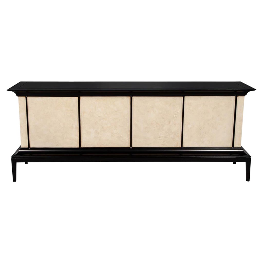Modern Black Lacquered Sideboard Credenza with Faux Parchment Fronts