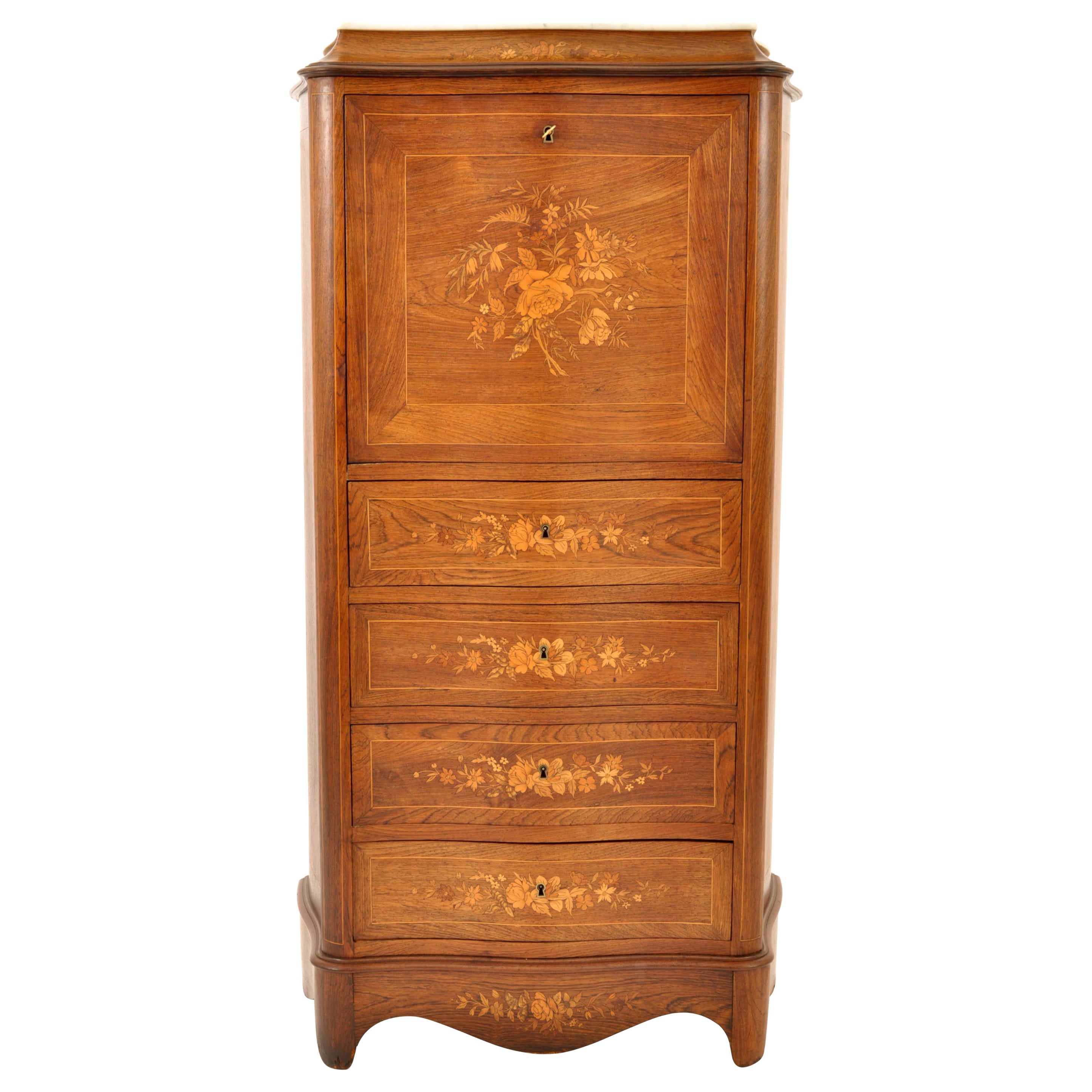 Antique French Louis XVI Inlaid Rosewood Secretaire Abattant Desk Dresser, 1880 For Sale