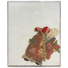Japanese Asian Oshie Pressed Textile Old Monk Framed Shadow Puppet Doll