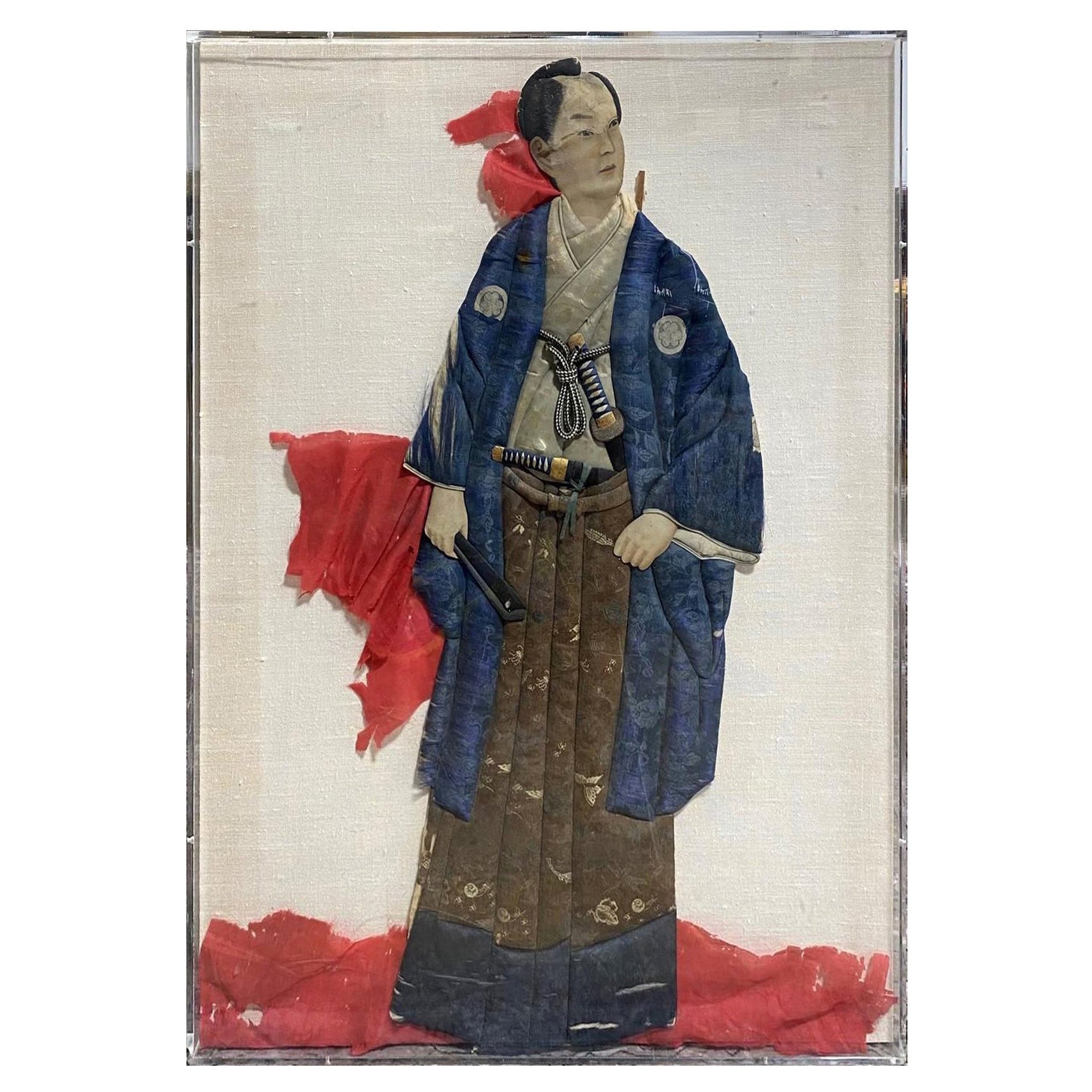 Poupée de marionnette Showa en textile pressé japonais avec cadre Samurai en forme de coussin