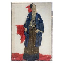 Japanese Oshie Pressed Textile Samurai Framed Showa Shadow Puppet Doll