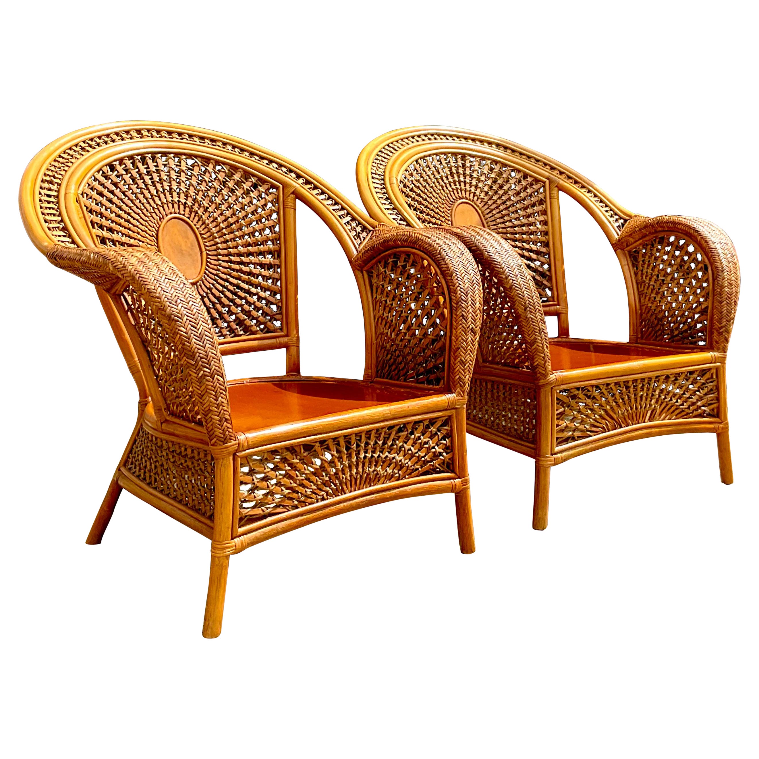 Vintage Coastal Woven Rattan Spider Wed Lounge Chairs, a Pair