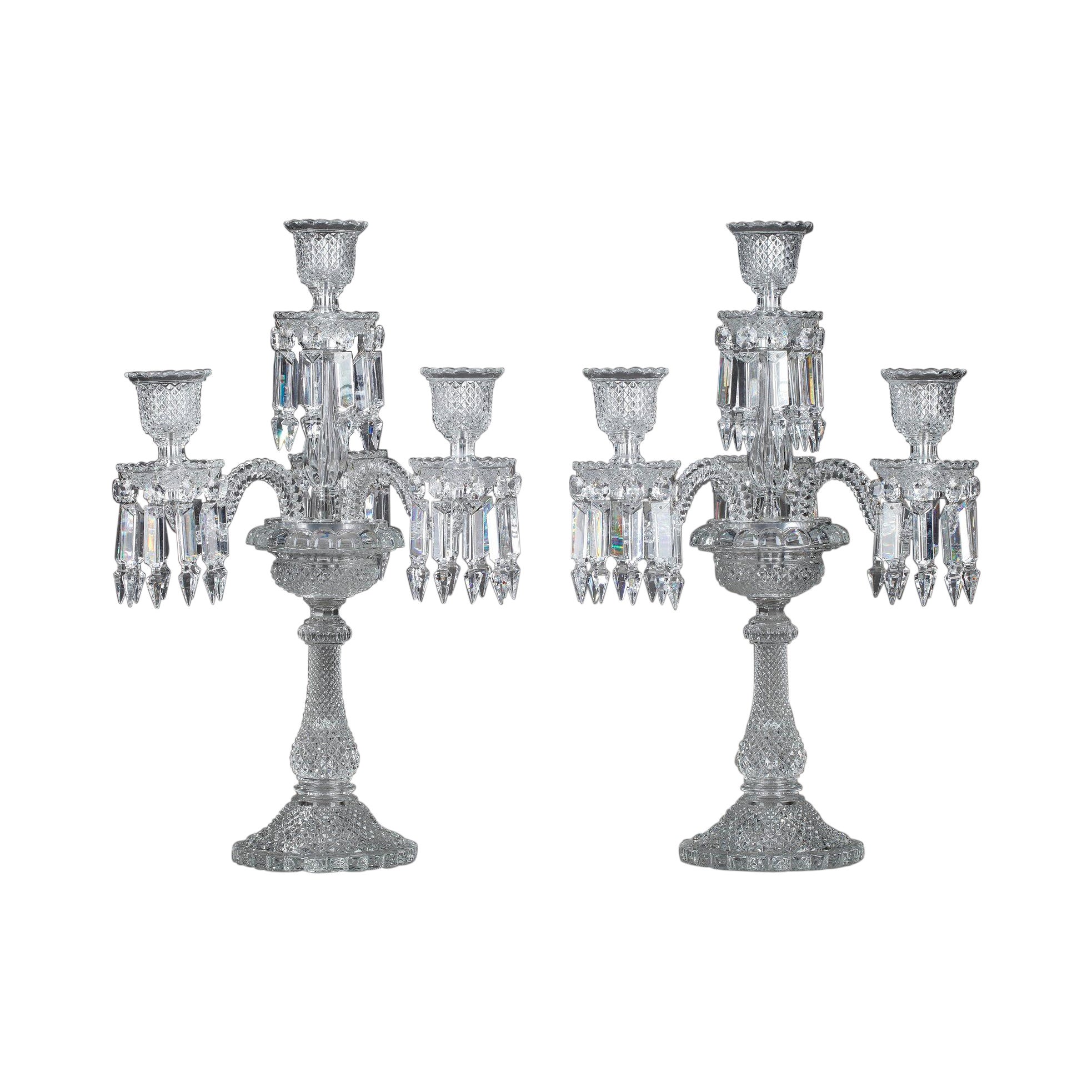 Pair of Baccarat Candelabras in Molded Crystal with Four Lights