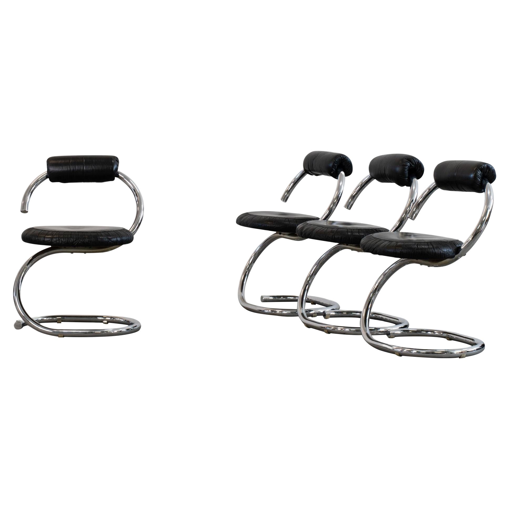 Giotto Stoppino Set of Four Cobra Chairs in Steel and Black Skai 1970s Italy