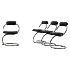 Giotto Stoppino Set of Four Cobra Chairs in Metal and Black Skai 1970s Italy