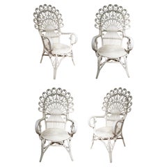 Set of Four 1970s Spanish Woven Wicker Tall White Armchairs