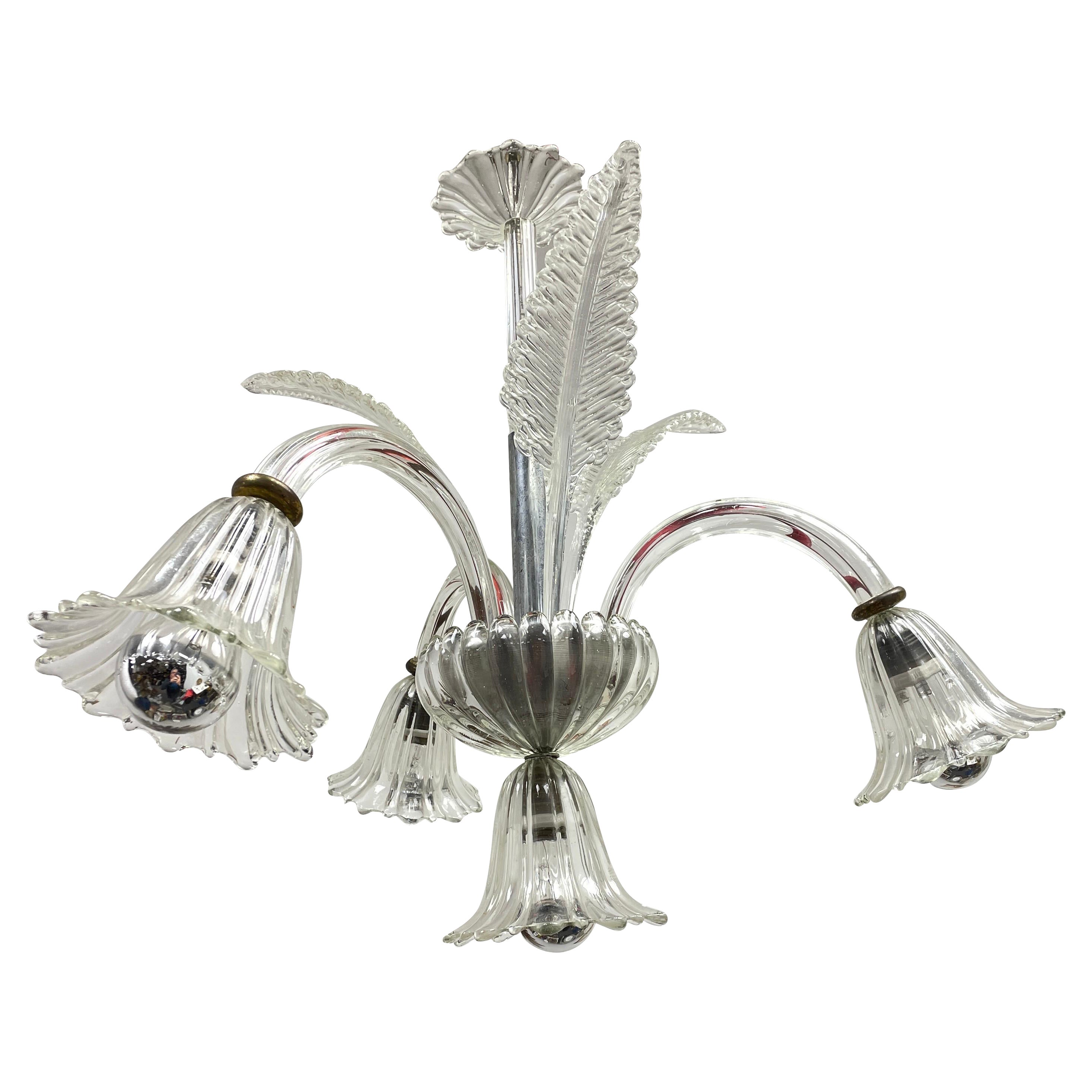 Hollywood Regency Art Deco Murano Glass 3 Arm, 4 Lights Chandelier, Italy, 1940s For Sale